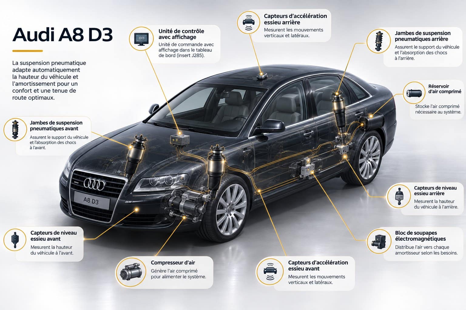 Schéma de la suspension pneumatique de l’Audi A8 D3 : jambes de suspension avant et arrière, compresseur, réservoir d’air, bloc de soupapes, capteurs de niveau et d’accélération