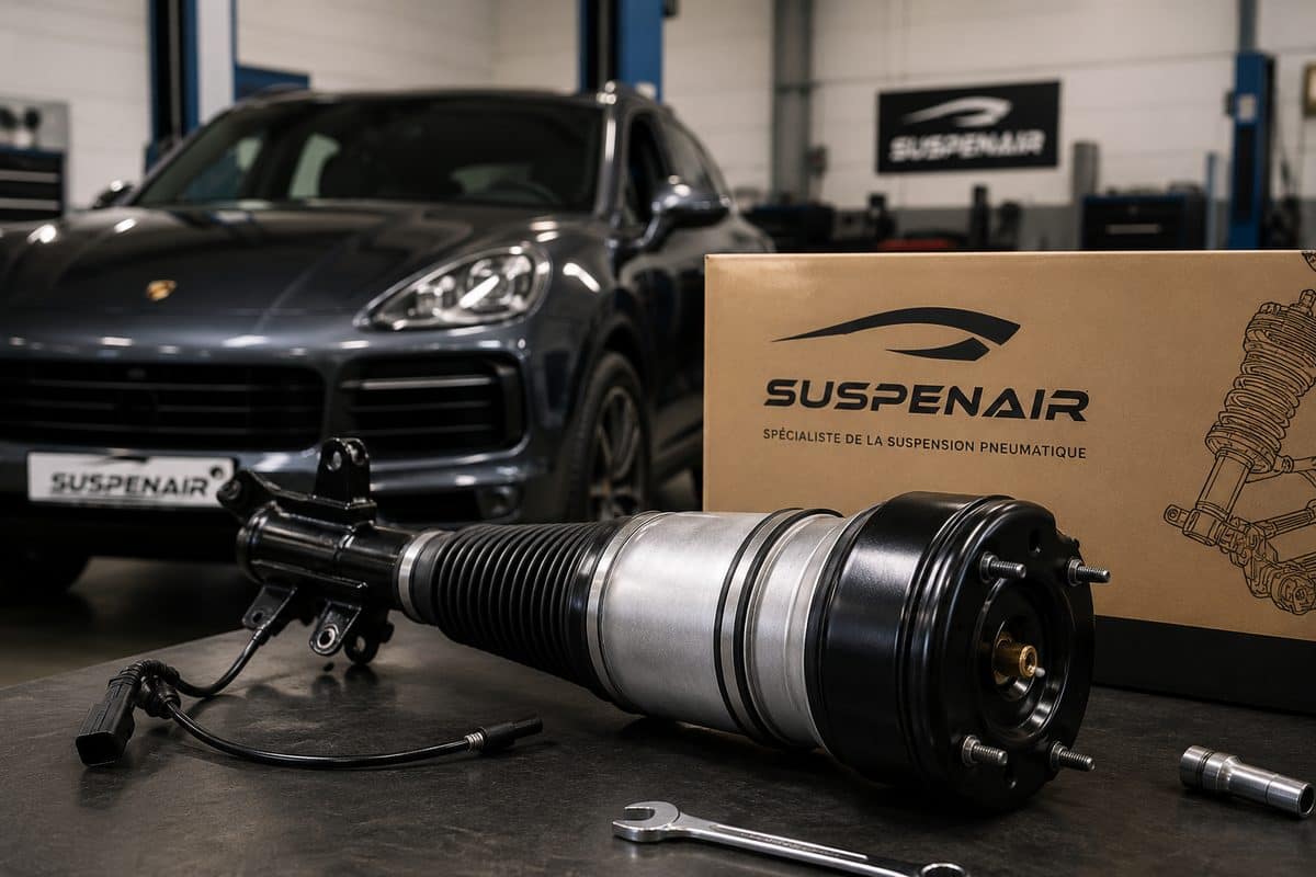 Amortisseur pneumatique Suspenair sur l'établi de l'atelier, devant un Porsche Cayenne